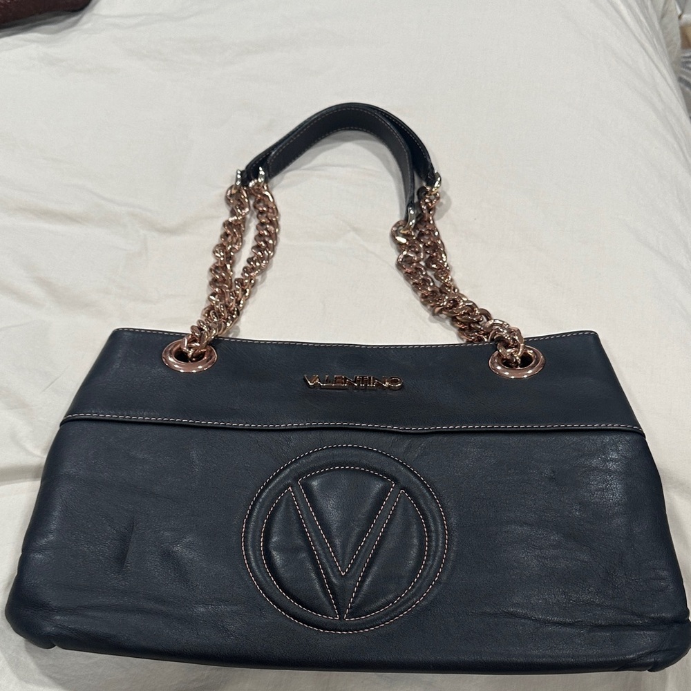 Valentino Navy Leather Shoulder Bag with Rose Gold Chain ~Mint Condition